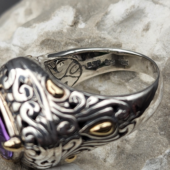 Samuel Benham 925 Sterling Silver 18k Gold Amethyst Designer Size 6.75 Ring BJC - Picture 9 of 12